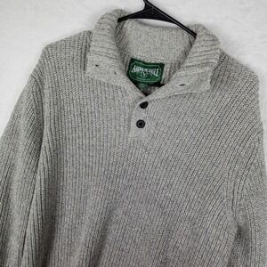 American Eagle Mens Mock Neck Button Sweater Grey Marled Ribbed Knit Medium